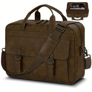 RAINSMORE Men'S Vintage Laptop Briefcase Crossbody Bag - 16 Inch Large Capacity Deep Brown Synthetic Faux Leather Computer Bag with Adjustable Strap, Golden-Tone Hardware & Lining, Elegant Work Briefcase for Business, Office, College
