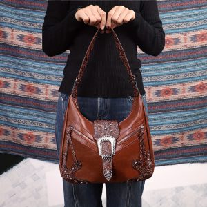 Bohemian Western Saddle Bag - Shoulder Purse with Zipper & Buckle Closure, 3 Outer Pockets, Floral Embossed Design, Large Capacity for Daily Essentials, Commute, Work, Events, and Travel, Event Accessory | Rustic Western Charm | Bag