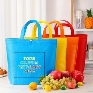 50pcs Customizable Reusable Tote Bags - Large Non-Woven Fabric Shopping Bags with Button Closure, Foldable & Portable 14.96x12.6x3.94 Inch, Vibrant Colors for Grocery, Beach, Picnic - Durable High-Quality Totes with Personalized Logo Option, Shopping Bags Reusable Foldable, Beach Carryall, Customizable Text Area, Button Closure Tote