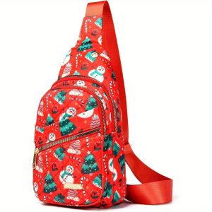 Christmas Crossbody Sling Backpack Bag - Red with Green, Zipper Closure, Adjustable Strap - Compact Daypack for Womenu002FMen, Travel, Hiking, Running, Everyday Use - Festive Holiday Gift Idea, Durable Synthetic Leather