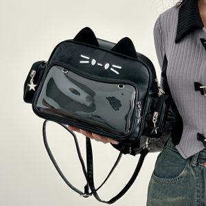 Chic Transparent PVC Crossbody Bag for Women - Floral & Cat Print, Multi-Pocket Shoulder Bag with Detachable Strap, Embroidered Kitten Design, Zip Closure, Available in Black, White, Gray, Pink, Green, Blue, Orange, Red, Purple, Beige, Brown, and Black