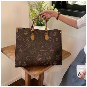 Women's Coffee Tote Bag with Letter Print & Metal Accents - Spacious Rectangular Design, Double Handles & Zipper Closure for Work, Casual, Shopping, Everyday Carryall, Sturdy Handle Construction