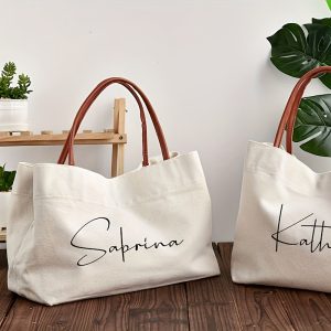 Personalized Bridesmaid Tote Bags - Custom Name Beach Tote Bags with Fixed Shoulder Straps & Snap Closure, Durable Wedding Party Favors in Beige for Bridal Shower, Travel, Casual Outings, Perfect holiday personalized gift for Halloweenu002FChristmasu002FThanksgiving Day
