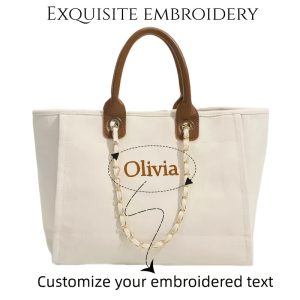 Personalized Custom Embroidered Name Tote Bag for Women - Durable Beige Shoulder Bag with Removable Chain Straps & Zipper Closure, Casual Work Handbag for Everyday Use, Polyester Lined Interior