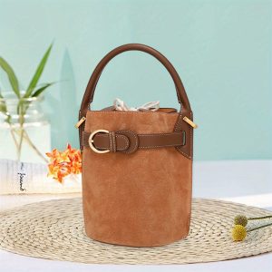 Women's Crossbody Bucket Bag - Deep Brown Purse with Golden-Tone Hardware, Structured Base, Spacious Interior for Everyday, Office, Party - Easy-Care Polyester Handbag for Women, Versatile Fashion Accessory, Durable Shoulder Strap