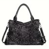 Women’s Fashion Studded and Rhinestone Crossbody Shoulder Bag – Large Capacity, Adjustable Strap, Zip Closure, Polyester Lining, Ideal for Work, Commuting, and Travel, Travel Crossbody Bag|Edgy Studded Design|Sleek Black Bag