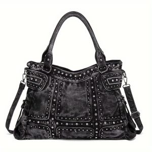 Women's Fashion Studded and Rhinestone Crossbody Shoulder Bag - Large Capacity, Adjustable Strap, Zip Closure, Polyester Lining, Ideal for Work, Commuting, and Travel, Travel Crossbody Bag|Edgy Studded Design|Sleek Black Bag