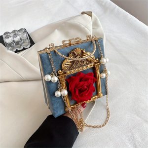 Women's Vintage 3D Floral Crossbody Bag with Accents & Golden-Tone Chain Strap - Shoulder Purse for Beach, Wedding, Outdoor Events (Whiteu002FPinku002FBlueu002FBlack), Vintage Purse, Beach Accessory, Secure Zipper Closure, Wedding Accessory, Elegant Handbag, Durable Handbag, Small Handbag, Casual Wear