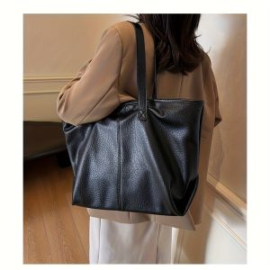 Women'S Genuine Leather Tote Bag with Zipper & Adjustable Strap - Large Capacity Laptop Bag, Elegant Black Handbag for Work or Travel, Polyester Lined Interior, Fixed Shoulder Strap Design, Work Laptop Bag | Sleek Black Tote | Polyester Lined Interior, Laptop Bag